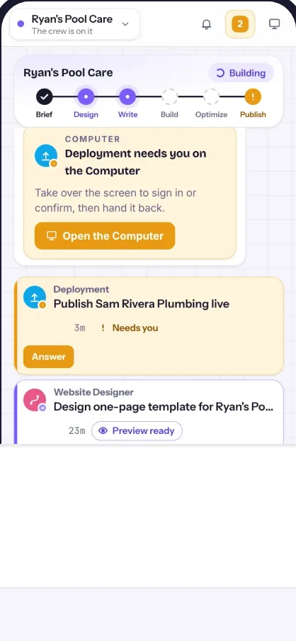 Website Studio on a phone: chat with Lenexa and the build tracker