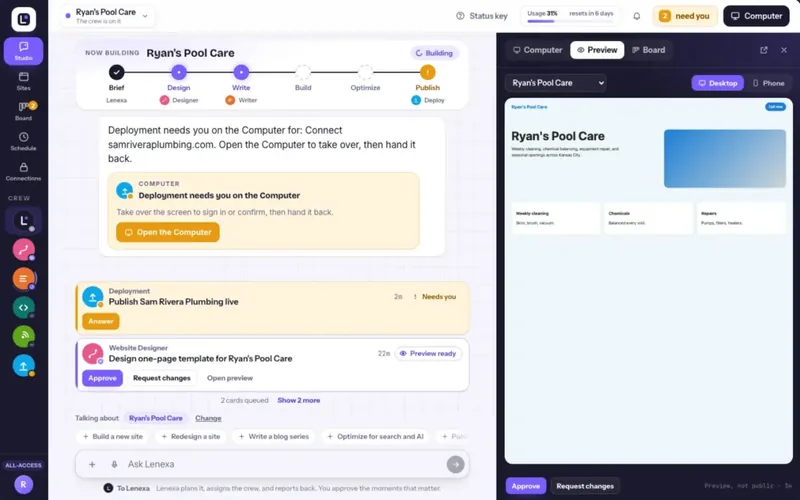 Website Studio with demo data: chat with Lenexa and the build tracker on the left, a site preview on the right